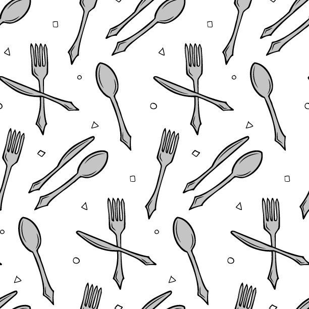 灰色餐具，金属交叉。勺子、刀叉都散落在各处。无缝重复模式的彩色孤立对象上的白色背景。涂鸦。图片下载