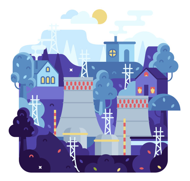 发电厂给村舍供电，矢量卡通平面插图图片下载