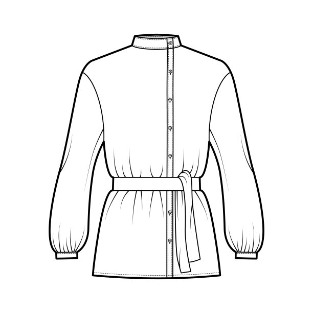 哥萨克衬衫技术时尚插图与领带，蓬松长袖，立领，超大，纽扣。平图片下载