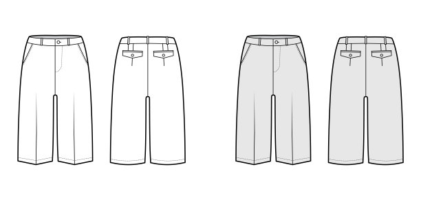 短百慕大长裤技术时尚插图与膝长，低腰，上升，开衩口袋。平走图片下载