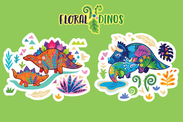 鲜艳的印花恐龙贴纸套装图片下载