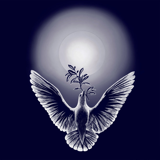 在蓝色背景上用线条画出的风格化的白鸽，其喙中有一根树枝图片下载