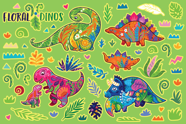 鲜艳的印花恐龙贴纸套装图片下载