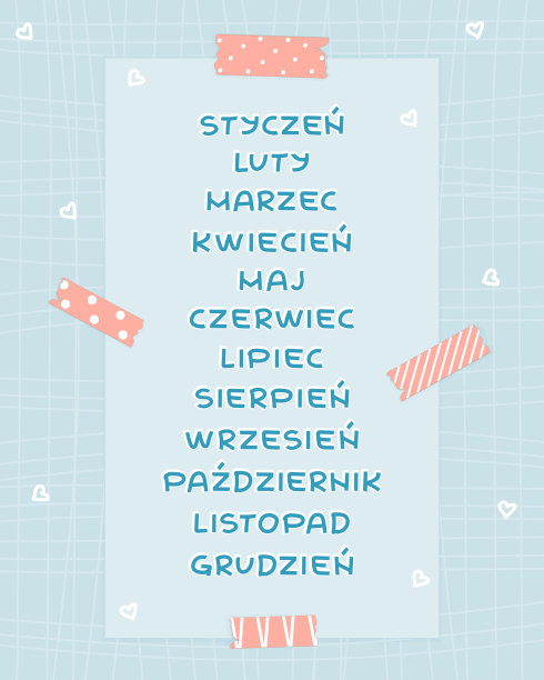 蓝色孤立套平月，用波兰语从一月到十二月，白色阴影。图案的背景与粉红色的washi磁带和纸与线和白色的心为日历，计划图片下载