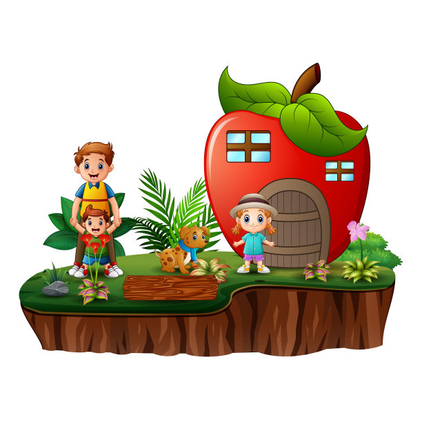 苹果的房子和快乐的孩子们在岛上图片下载