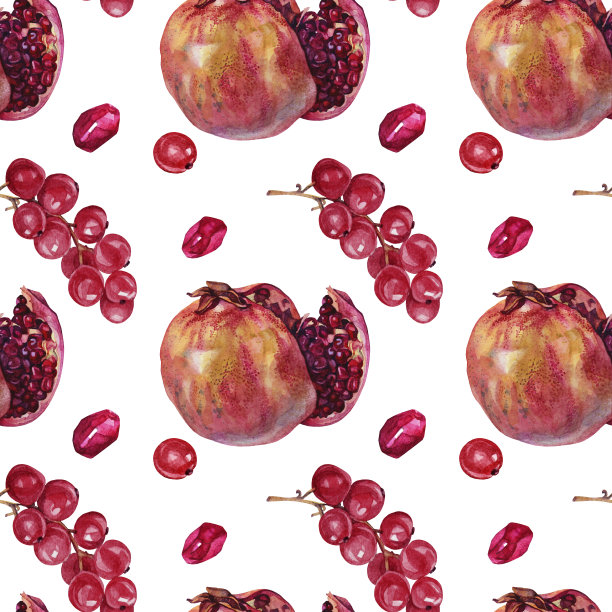 无缝模式水彩红石榴与种子和浆果在白色的背景。艺术创意石榴石对象菜单，纺织品图片下载