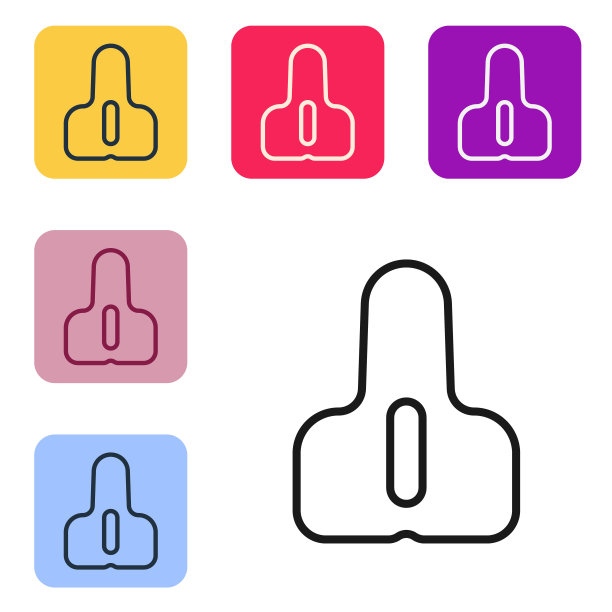 黑色线自行车座位图标孤立的白色背景。鞍座。设置图标的颜色方形按钮。向量图片下载