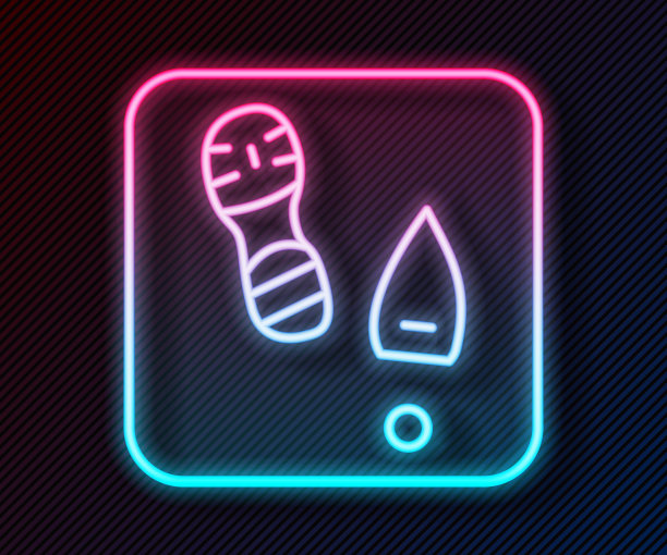 发光的霓虹灯线人类脚印鞋图标孤立在黑色的背景。鞋鞋底。向量图片下载