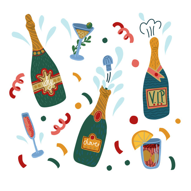 瓶子，香槟和玻璃杯隔离图片下载