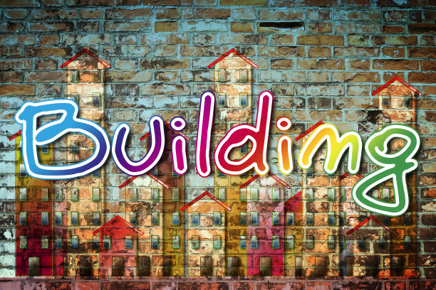 公共建筑概念形象画在砖墙上图片下载