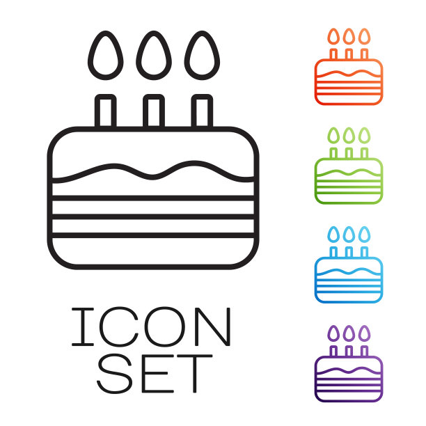 黑线蛋糕与燃烧的蜡烛图标隔离图片下载