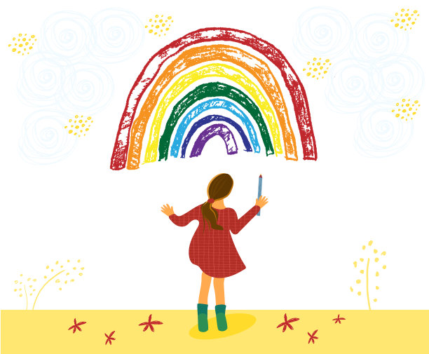小女孩正在画彩虹。孩子画彩虹。手绘矢量卡通插图图片下载