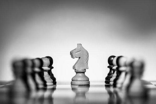 国际象棋棋盘上的白马在黑棋和白棋图片下载