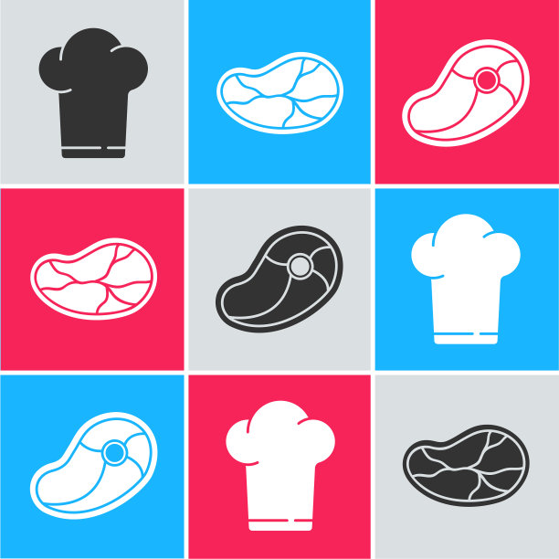 设置厨师帽牛排肉和牛排肉图标图片下载