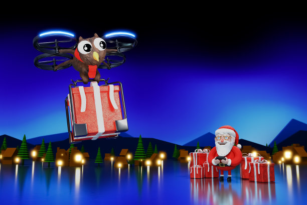 圣诞老人使用猫头鹰无人机递送礼物的3d渲染场景，小镇雪村夜景。图片下载