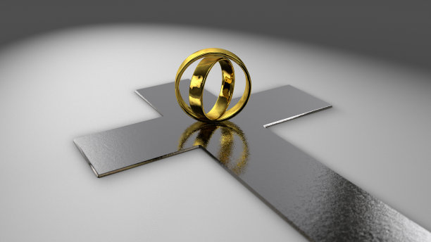 十字架上的金婚戒。3D渲染，3D渲染。图片下载