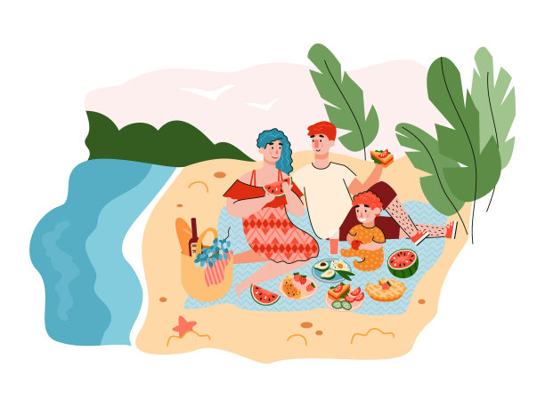 夏日家庭野餐与休息的大人和孩子图片下载