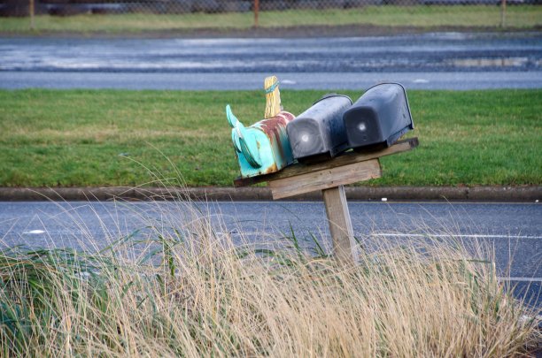 华盛顿海岸，一根摇摇晃晃的木杆上的有趣邮箱图片下载