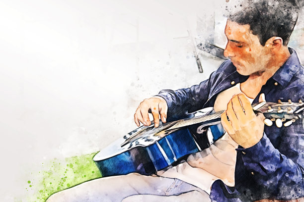 一个年轻人在办公室的休闲区弹吉他，以水彩画为背景。图片下载