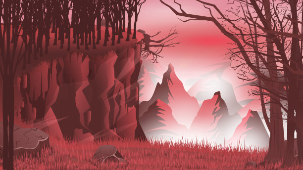 傍晚从悬崖上看到浓雾弥漫的大山。矢量插图在红色图片下载