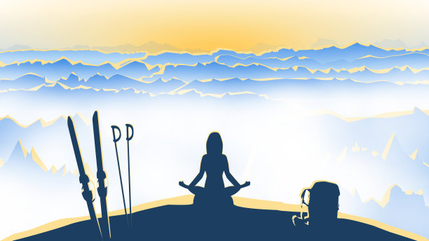 一个男人的剪影身体在一个瑜伽莲花的位置与滑雪和徒步背包在山的背景。矢量图图片下载