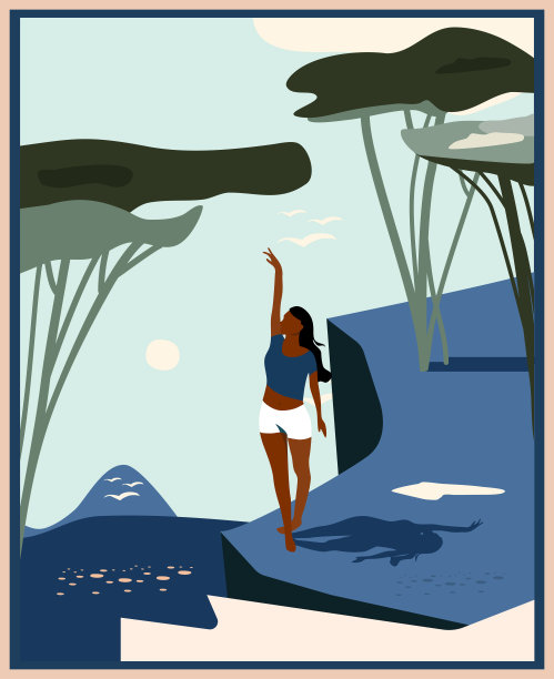 带有岩石悬崖的抽象景观。简约女性剪影在复古的夏季背景。中世纪风格的海报。海岸线,树木和太阳。图片下载