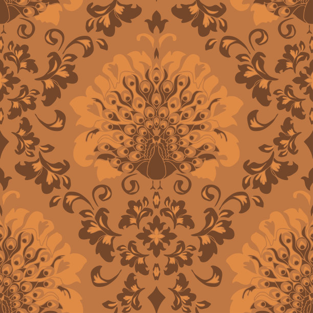 无缝矢量图案与浪漫的鸟在棕色的背景。复古锦缎墙纸设计与孔雀。维多利亚风格的奢侈时尚纺织品。图片下载