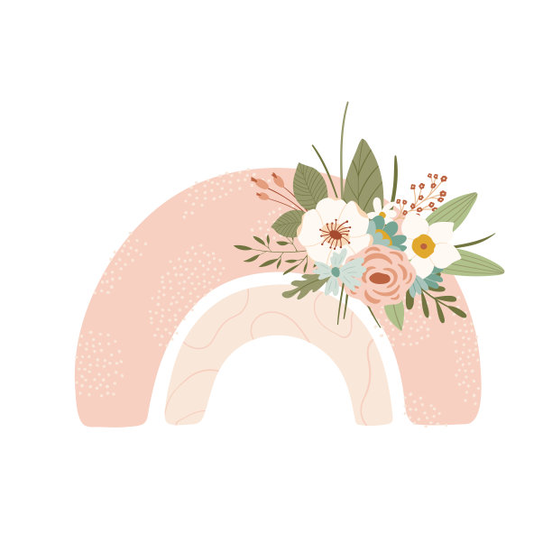 可爱的彩虹与花朵在柔和的颜色孤立的白色背景的孩子。插图手绘风格的海报，印刷品，卡片，织物，儿童书籍。向量图片下载