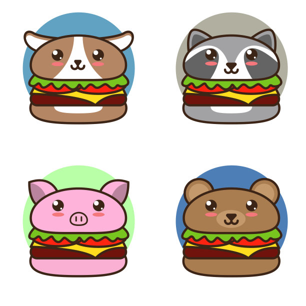 可爱的卡通汉堡与动物插图图片下载