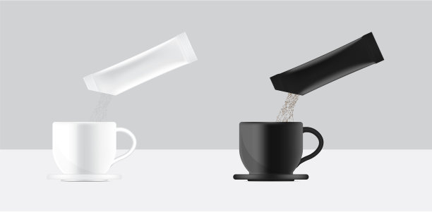 3D光滑棒香囊模型和倒粉末到一杯水。矢量插图。食品饮料包装概念设计。图片下载