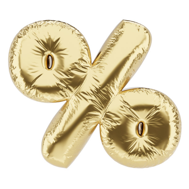 百分比标志由金色气球孤立在白色上。3 d演示。图片下载