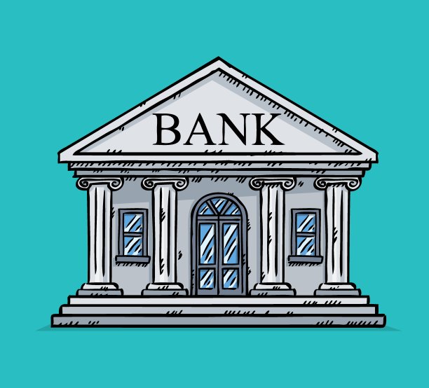 彩色的，涂鸦风格的矢量插图银行。图片下载