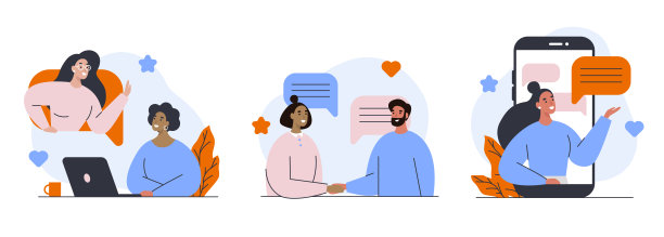 一套社交媒体传播插图。在线会议和与朋友或同事聊天。图片下载