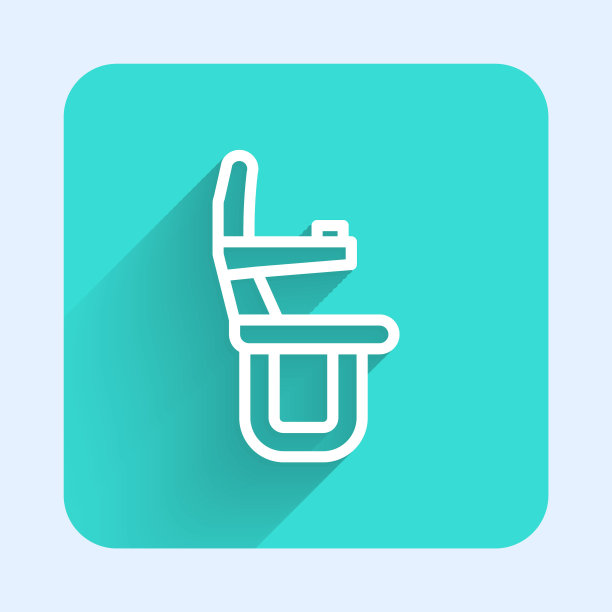 白色线飞机座位图标孤立与长阴影。绿色广场按钮。向量图片下载