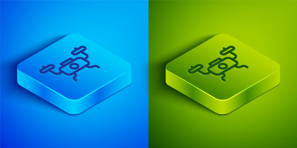 等距线无人机飞行图标隔离在蓝色和绿色背景。带有视频和照片相机符号的四轴飞行器。方形按钮。向量图片下载