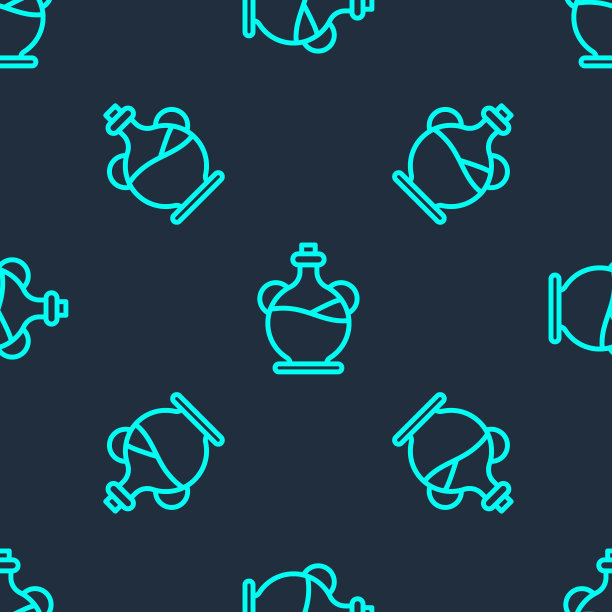 绿色线瓶橄榄油图标孤立无缝模式在蓝色背景。壶与橄榄油图标。向量图片下载