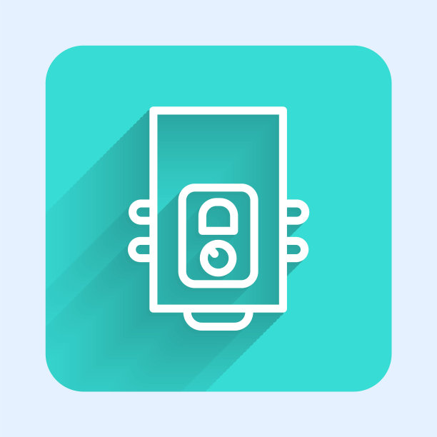 白色线条燃气锅炉与燃烧的火焰图标隔离与长影子。绿色广场按钮。向量图片下载