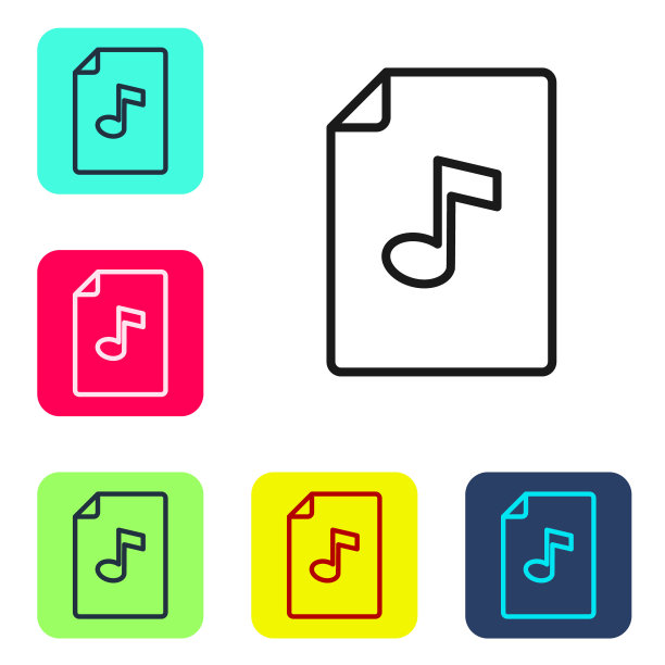黑线音乐书与音符图标孤立在白色背景。带有音符五线谱的乐谱。乐谱笔记本。设置图标为彩色方框按钮。向量图片下载