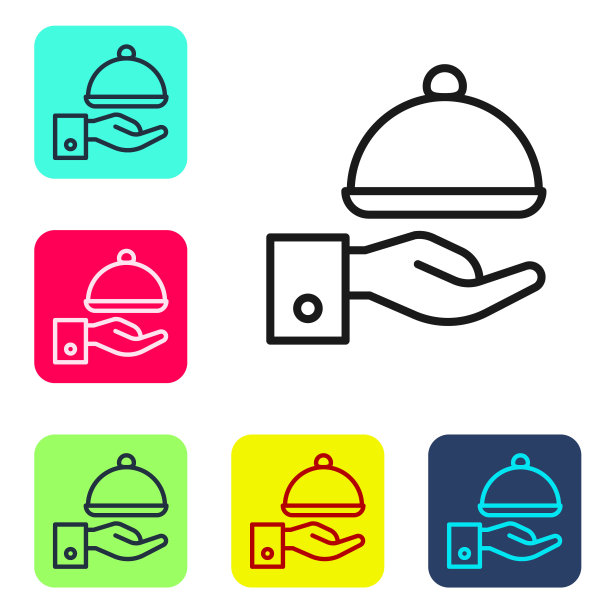 黑线覆盖一个托盘食物图标孤立在白色的背景。托盘和盖子标志。带有盖子的餐厅钟摆。设置图标的颜色方形按钮。向量图片下载