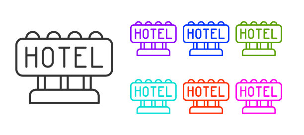 黑线户外广告招牌与文字酒店图标隔离在白色背景。设置图标丰富多彩。向量图片下载