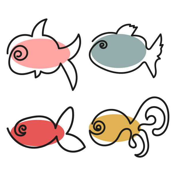 鱼画一组用手在连续的线上画有彩色点的抽象鱼。鱼标志设计。极简主义的风格。平面图形风格的插图图片下载