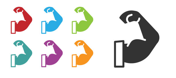 黑色健美者显示他的肌肉图标孤立在白色背景。适合健身强度健康爱好概念。设置图标丰富多彩。向量图片下载