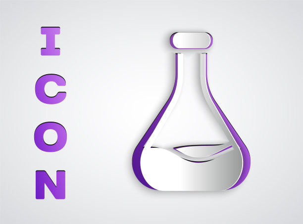 纸割试管和烧瓶图标隔离在灰色背景。化学实验室测试。实验室玻璃器皿。纸艺术风格。向量图片下载