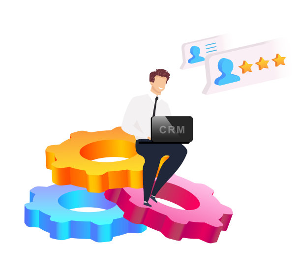 服务自动化平面概念矢量插图。微笑的男人坐在齿轮二维卡通人物为网页设计。穿衬衫打领带的人。商人让笔记本电脑。CRM系统创意图片下载