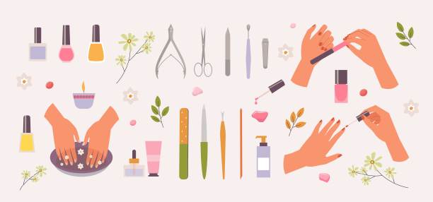 美甲在水疗沙龙设置。手部皮肤治疗浴，红色指甲油，指甲锉刀和剪刀迷人的化妆品艺术与镊子和彩色着色液体瓶。矢量动画。图片下载