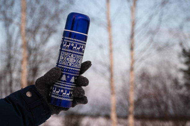 手臂在连指手套拿保温瓶。喝着热茶在户外散步。冬天光秃秃的树。图片下载