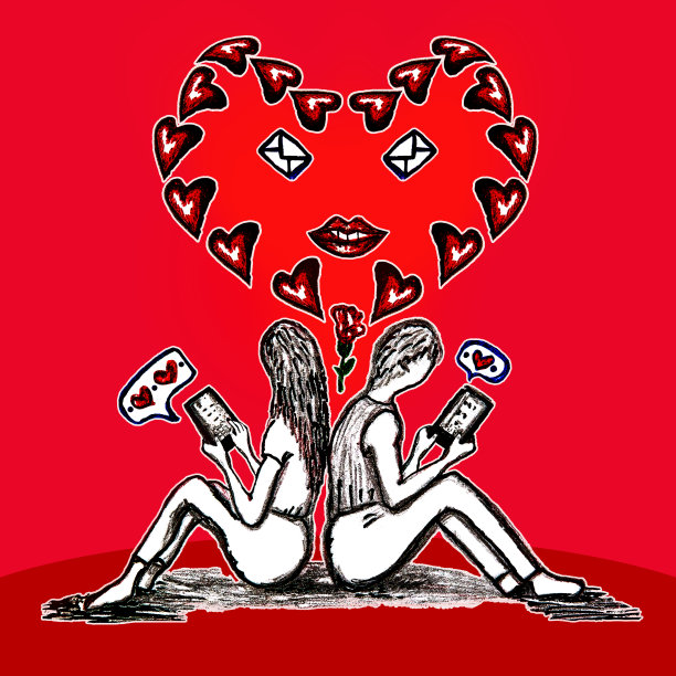 在红色背景上手绘虚拟爱情。一个女孩和一个男孩背靠背坐着，在智能手机上写短信。图片下载