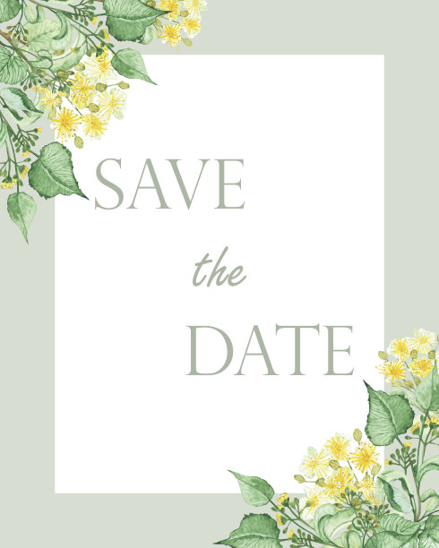 水彩手绘自然花卉婚礼框架与黄色的石灰花和绿叶花束在绿色的背景与空白保存日期文本邀请卡图片下载