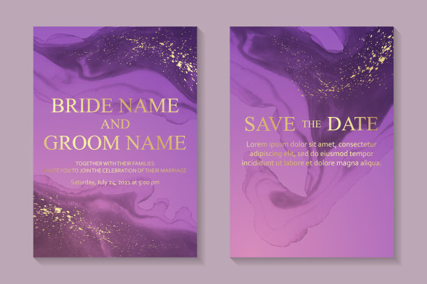 婚礼邀请与紫色水彩波浪或流动艺术酒精墨水风格与金色闪烁。图片下载
