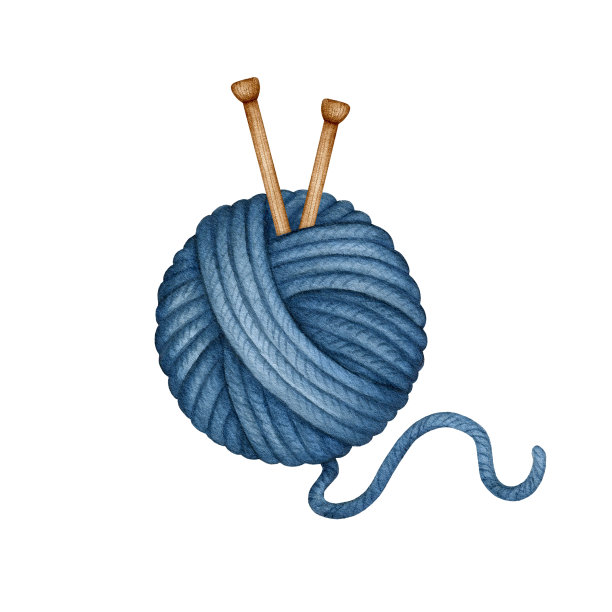 水彩编织工具。蓝色纱线，羊毛纱线球与木针。缝纫，编织，手工爱好。手绘剪贴艺术，设计元素孤立图片下载